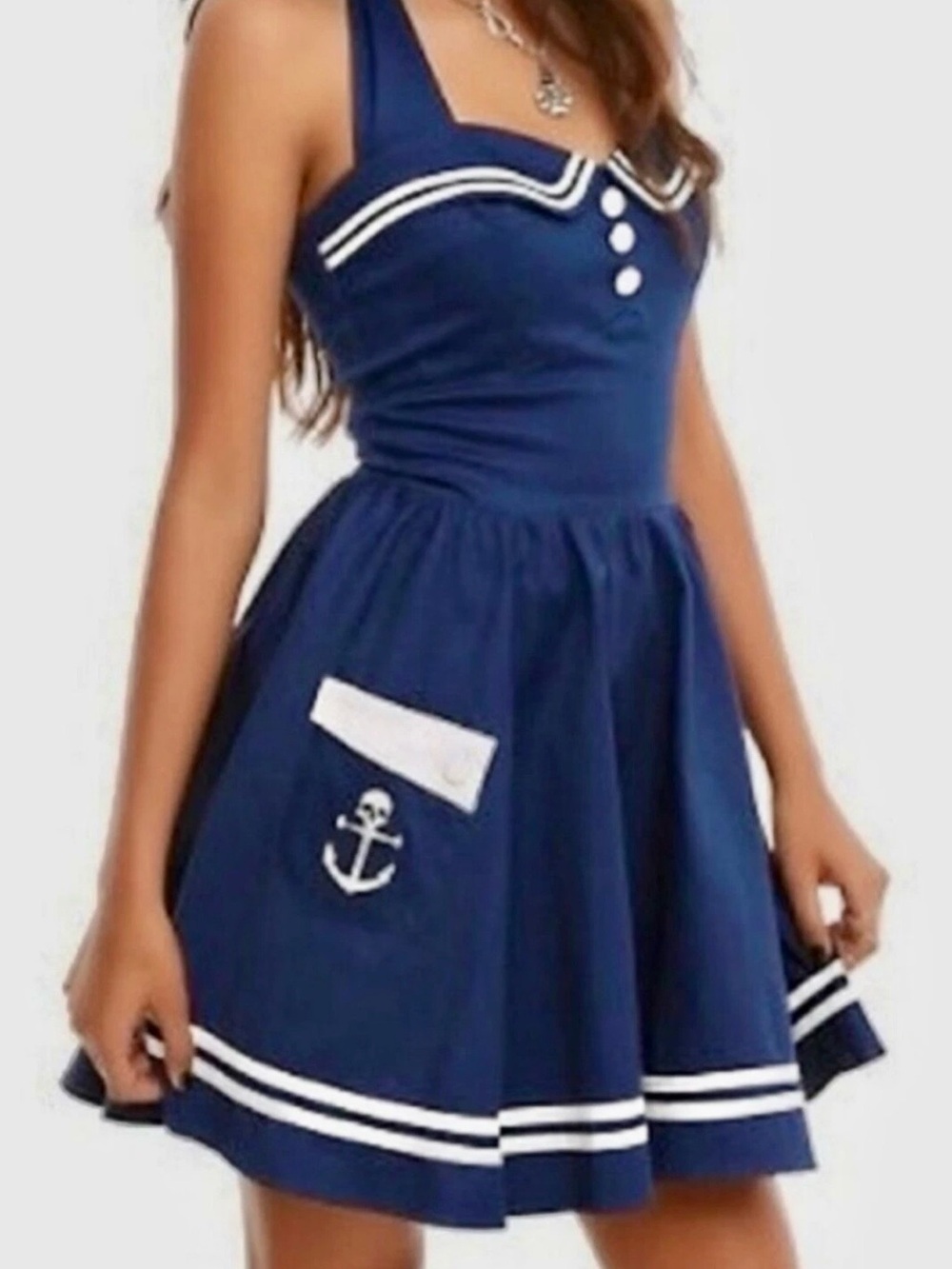 Hell Bunny Navy and White Sailor A-Line Dress